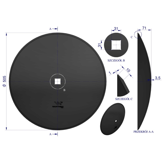 Talerz gładki fi 510 otwór 30x30 stal borowa WARYŃSKI R 1279621010 1240040020