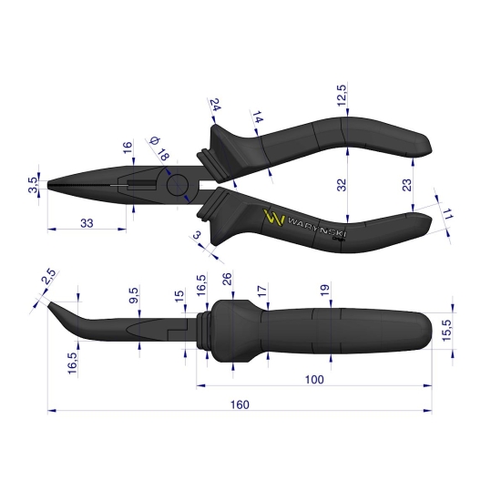 Szczypce wydłużone wygięte 160 mm Waryński