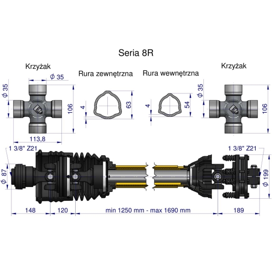 Wał przegubowo-teleskopowy 1250-1690mm 1240Nm szerokokątny Z21 z drugiej strony sprzęgło cierne 2000 Nm Z21 CE 2020 seria 8R Waryński