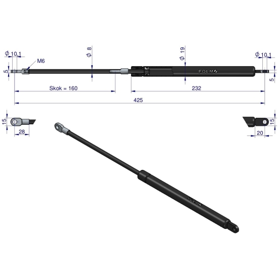 Siłownik szyby tylnej. szyberdachu. drzwi L max. 425mm 10368916 ZETOR POLMO