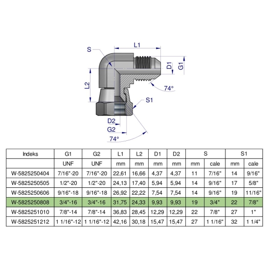 Kolanko hydrauliczne calowe AB 3/4" UNF (JIC) Waryński