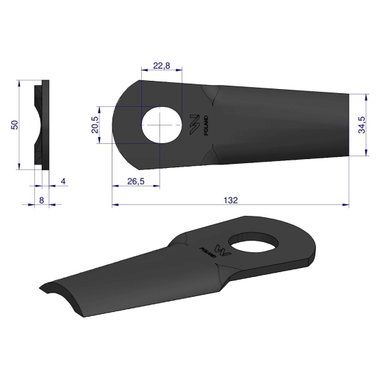 Nóż. nożyk kosiarka gięty 132X50X4mm otwór 20.5x23 zastosowanie 13800013 JF-Stoll WARYŃSKI ( sprzedawane po 25 )