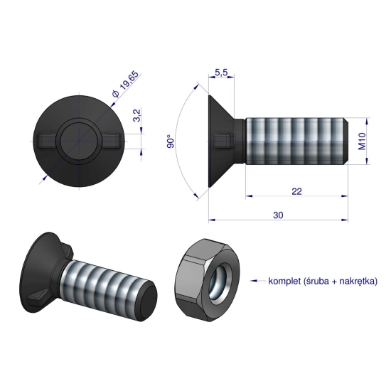 Śruba kpl. płużna dwunoskowa większy łeb M10x30 mm kl.10.9 Waryński ( sprzedawane po 25 )