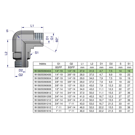 Kolanko hydrauliczne nastawne calowe BB 1/4" x 1/4" BSP z regulacją Waryński