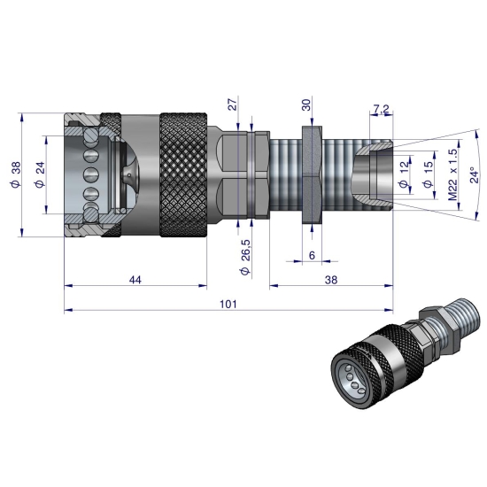 Szybkozłącze hydrauliczne gniazdo long z eliminatorem ciśnienia M22x1.5 gwint zew. EURO PUSH-PULL (9100822GL) (ISO 7241-A) Waryński