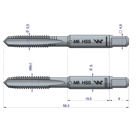 Komplet gwintowników  przemysłowych M6x1 dwusztukowy ze stali HSS wstępny. wykańczak  DIN 352/2 Waryński