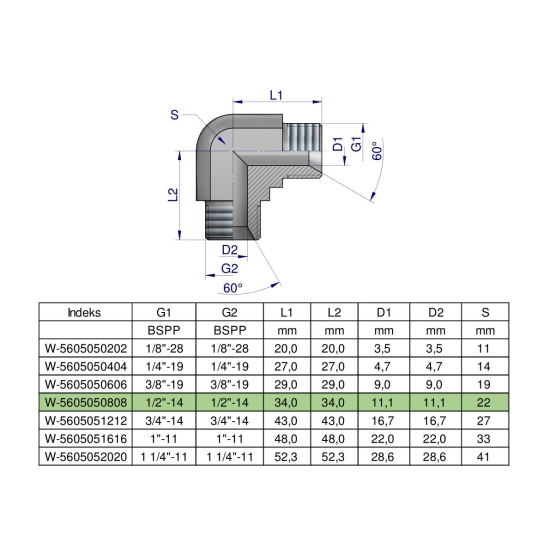 Kolanko hydrauliczne calowe BB 1/2" BSP (XW) Waryński ( sprzedawane po 5 )