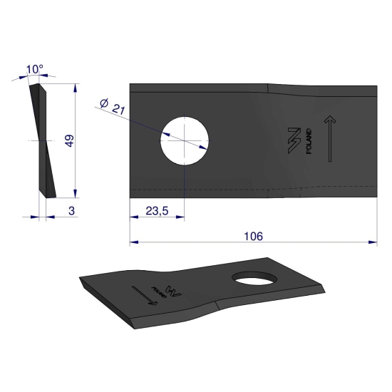 Nóż. nożyk kosiarka lewy 106x48x3mm otwór 21 zastosowanie 1042660 Claas WARYŃSKI ( sprzedawane po 25 )