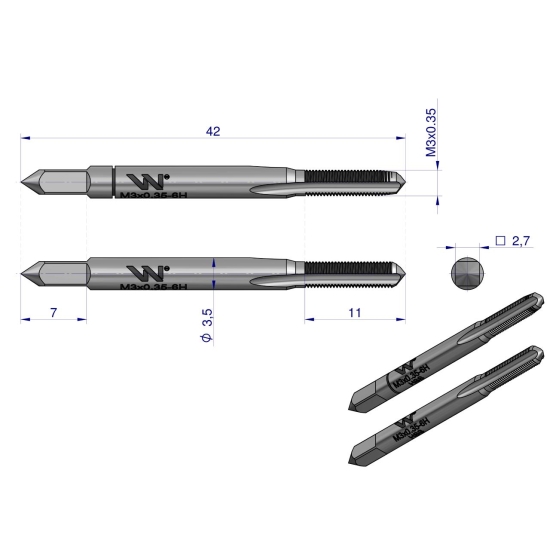 Gwintowniki komplet 2 szt do gwintu metrycznego drobnozwojowego DIN2181 M3X0.35 Waryński