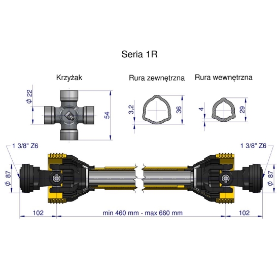 Wał przegubowo-teleskopowy 460-660mm 210Nm 10200 CE 2020 seria 1R WARYŃSKI WA21-46