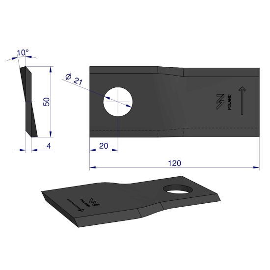 Nóż. nożyk kosiarka lewy 120X50X4mm otwór 21 zastosowanie RF 120/4 Pronar WARYŃSKI ( sprzedawane po 25 )