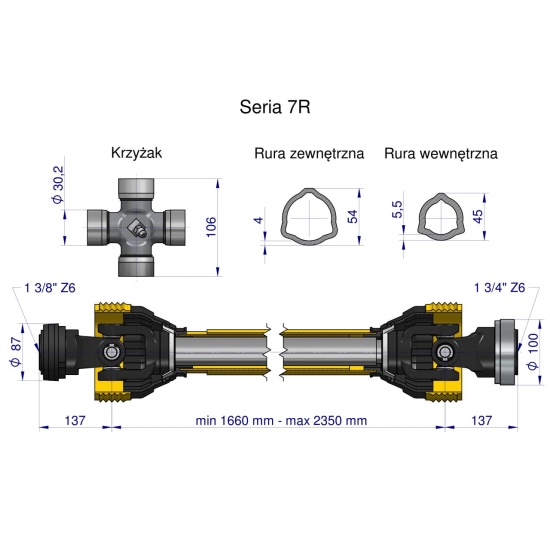 Wał przegubowo-teleskopowy 1660-2350mm 970Nm Z6 - 1 3/4 CE 2020 seria 7R Waryński