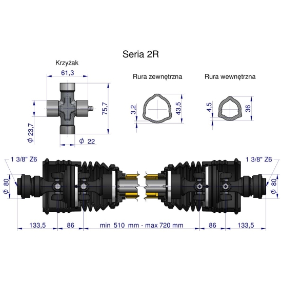 Wał przegubowo-teleskopowy 510-720mm 270Nm szerokokątny z dwóch stron CE seria 2R WARYŃSKI