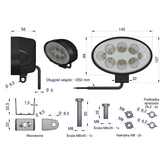 Lampa robocza elipsa 24W 8 LED GLANZ