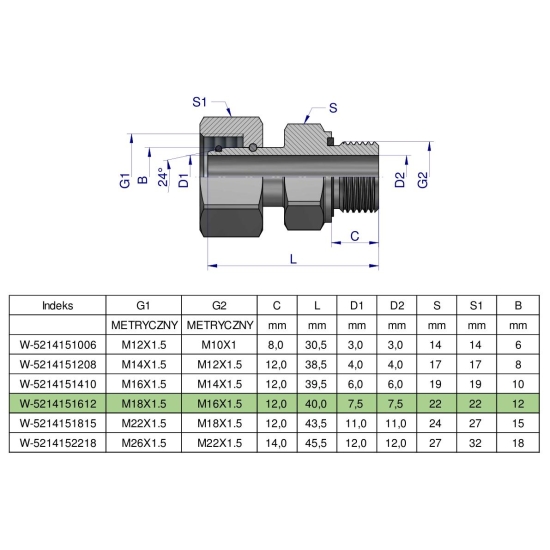 Przyłączka hydrauliczna metryczna AB (EVGE) M18x1.5 12L x M16x1.5 ED Waryński ( sprzedawane po 2 )