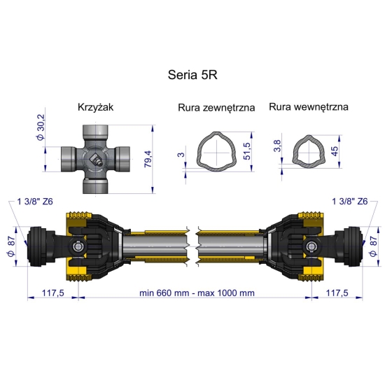 Wał przegubowo-teleskopowy 660-1000mm 620Nm 60230 CE 2020 seria 5R WARYŃSKI