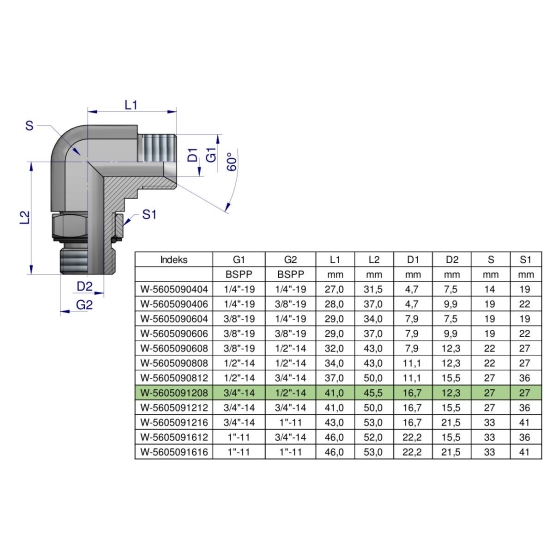 Kolanko hydrauliczne nastawne calowe BB 3/4" x 1/2" BSP z regulacją Waryński