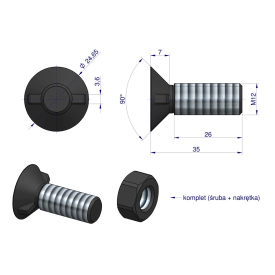 Śruba kpl. płużna dwunoskowa większy łeb M12x35 mm kl.12.9 Waryński ( sprzedawane po 25 )