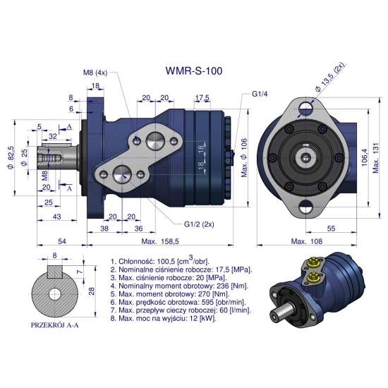 Silnik hydrauliczny orbitalny wzmacniany WMR-S 100 cm3/obr (175 bar / max.220 bar) Waryński