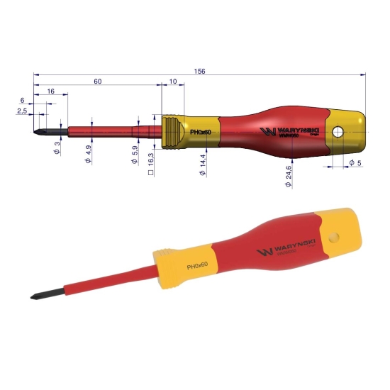 Wkrętak PH0 60 mm izolowany VDE stal S2 Waryński