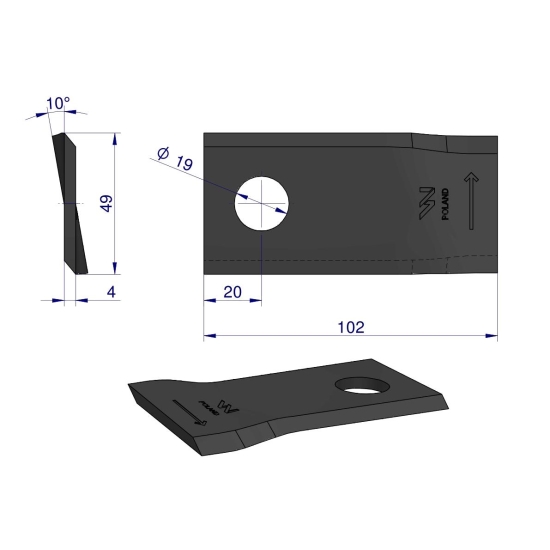 Nóż. nożyk kosiarka lewy 102x48x4mm otwór 19 zastosowanie 570447 Niemeyer WARYŃSKI ( sprzedawane po 25 )