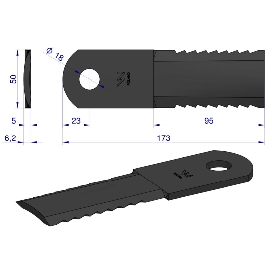 Nóż obrotowy rozdrabniacz słomy sieczkarnia 173x50x5mm otwór 18 zastosowanie 84437624 281445N New Holland WARYŃSKI ( sprzedawane po 25 )