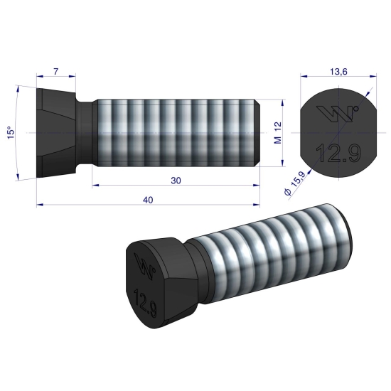 Śruba kpl. płużna oval z dwóch stron ścięta M12x40 mm kl.12.9 zastosowanie Kverneland Waryński M12X40OV2KV ( sprzedawane po 25 )  