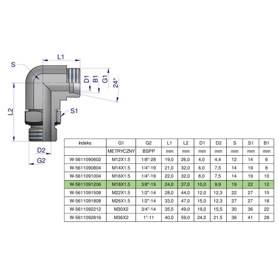 Kolanko hydrauliczne nastawne BB M18x1.5 12L x 3/8"BSP z regulacją Waryński ( sprzedawane po 2 )