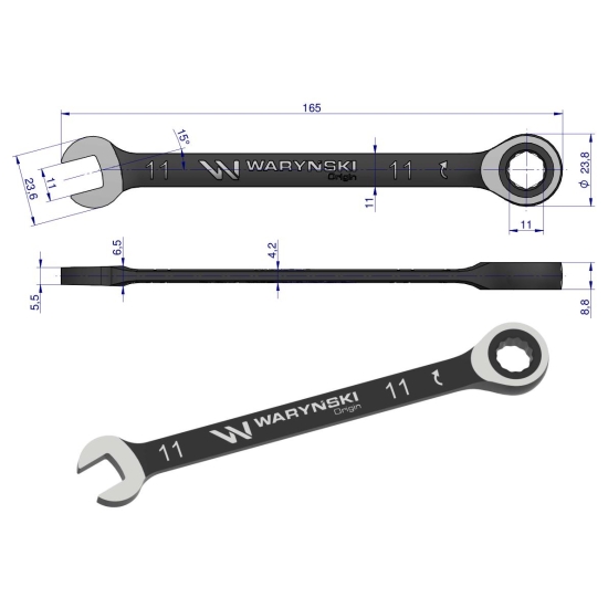 Klucz płasko-oczkowy 11 mm z grzechotką 72 zęby standard ASME B107-2010 Waryński