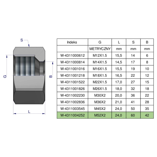 Nakrętka hydrauliczna metryczna (M42L) M52x2 42L Waryński ( sprzedawane po 2 )