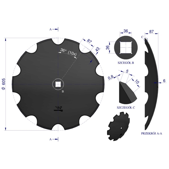 Talerz uzębiony Z-10 fi 610 otwór 35x35 grubość 6 mm stal borowa WARYŃSKI R