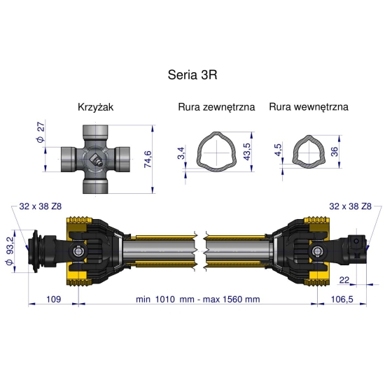 Wał przegubowo-teleskopowy 1010-1560mm 460Nm 32X38 Z8 rosyjski z dwóch stron CE seria 3R WARYŃSKI