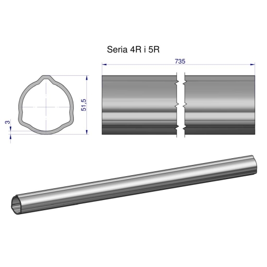 Rura zewnętrzna Seria 4R i 5R do wału 860 przegubowo-teleskopowego 51.5x3 mm 735 mm WARYŃSKI