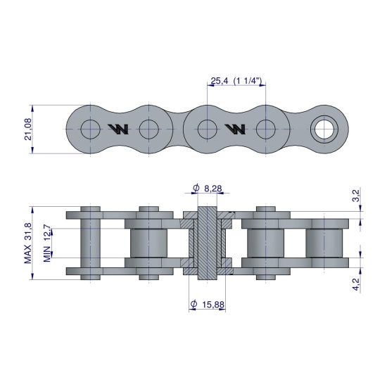 Łańcuch rolkowy 16BX-103PZ+ogn zastosowanie Prasa Zwijka Sipma 5279000060 Waryński