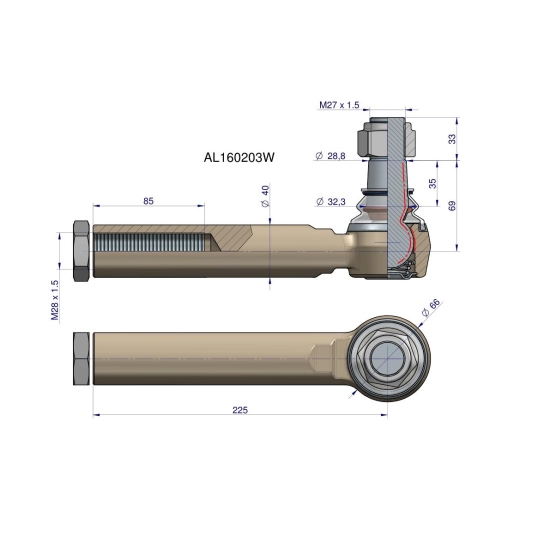 Przegub kierowniczy 225mm- M28x1,5 AL160203 WARYŃSKI