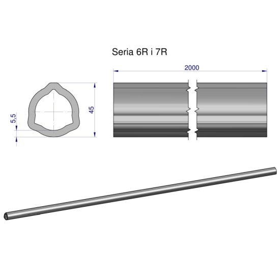 Rura trójkątna wewnętrzna Seria 6R i 7R wału przegubowo-teleskopowego 45x5.5 mm - 2m WARYŃSKI (sprzedawane po 2)