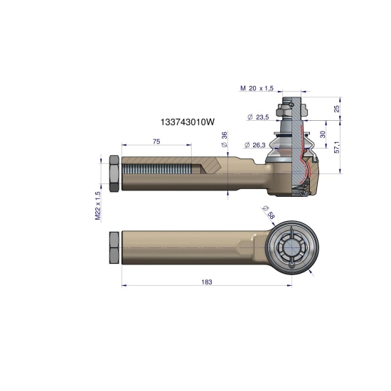 Przegub kierowniczy 183mm- M22x1,5 133743010 WARYŃSKI