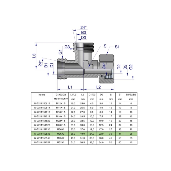 Trójnik hydrauliczny niesymetryczny metryczny BBA M36x2 28L (XEVL) Waryński