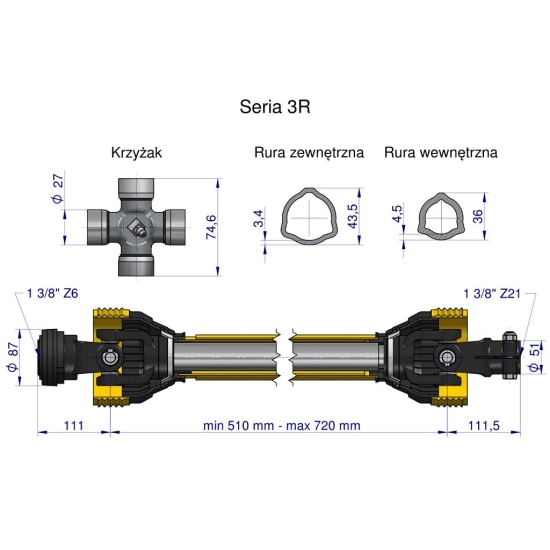 Wał przegubowo-teleskopowy 510-720mm 460Nm  widłak Z21 skręcany na śrubę 50210 CE 2020 seria 3R WARYŃSKI