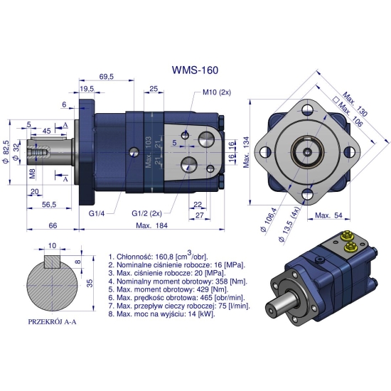 Silnik hydrauliczny orbitalny WMS 160 cm3/obr (160 bar / max.225 bar) Waryński