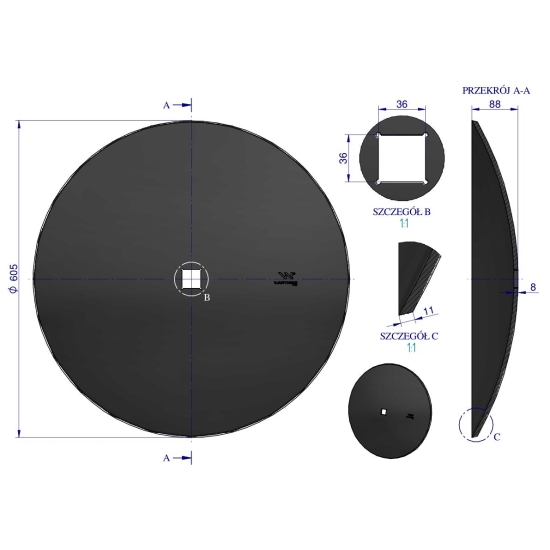 Talerz gładki fi 610 otwór 35x35 stal borowa 8mm Waryński