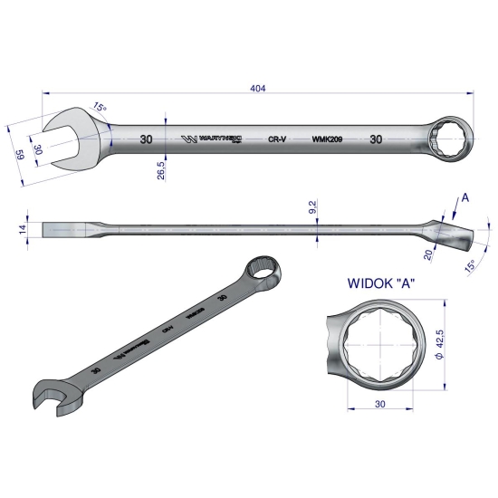 Klucz płaskooczkowy extra długi 30mm dł 404mm standard ASME B107.9M  Waryński