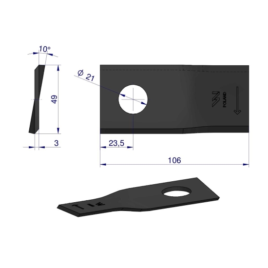 Nóż. nożyk kosiarka prawy 106x48x3mm otwór 21 zastosowanie 1042670 Claas WARYŃSKI ( sprzedawane po 25 )