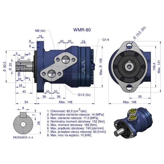 Silnik hydrauliczny orbitalny WMR 80 cm3/obr (140 bar / max.200 bar) Waryński