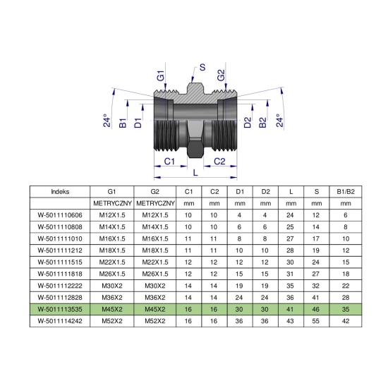 Złączka hydrauliczna metryczna BB M45x2 35L (XG) Waryński