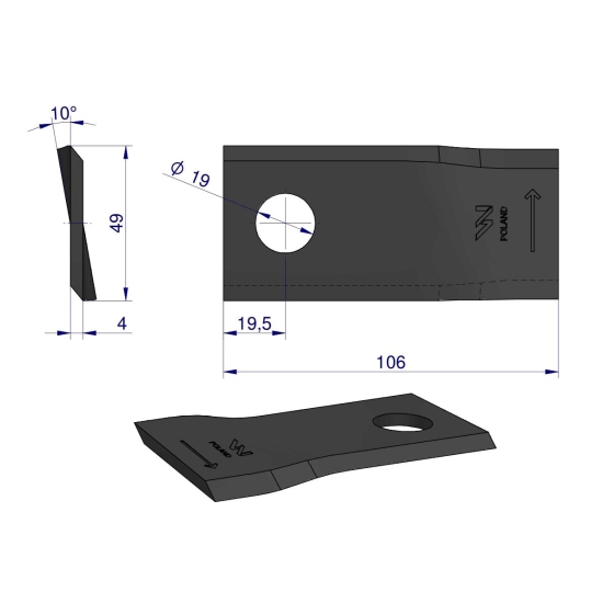 Nóż. nożyk kosiarka lewy 106x48x4mm otwór 19 zastosowanie 153967201 SIP WARYŃSKI ( sprzedawane po 25 )