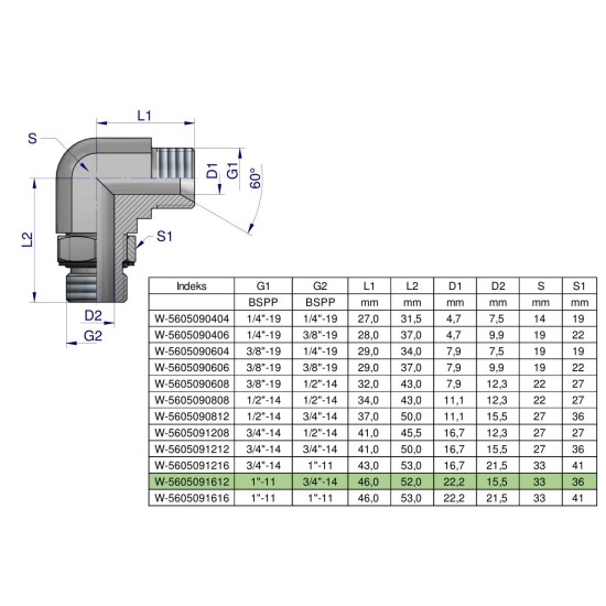 Kolanko hydrauliczne nastawne calowe BB 1" x 3/4" BSP z regulacją Waryński