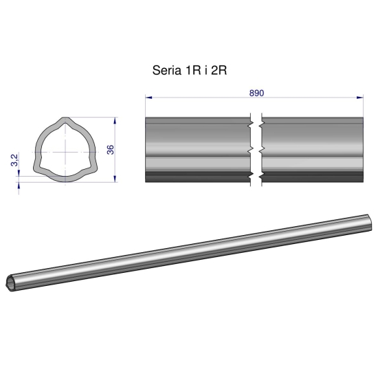 Rura wewnętrzna Seria 2R, rura zewnętrzna Seria 1R do wału 1010 przegubowo-teleskopowego 36x3.2 mm 890 mm WARYŃSKI