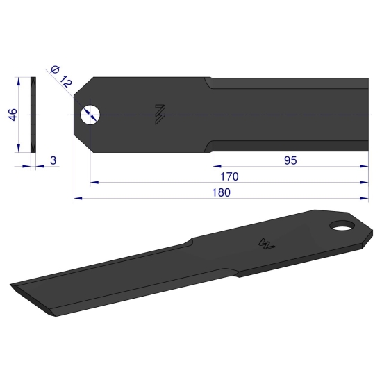 Nóż stały rozdrabniacz słomy sieczkarnia gładki 180X46X3mm otwór 12 zastosowanie 3DS174AD Claas WARYŃSKI ( sprzedawane po 25 )