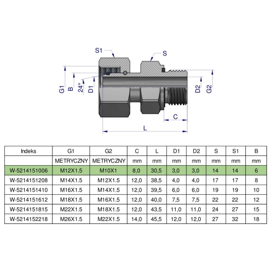 Przyłączka hydrauliczna metryczna AB (EVGE) M12x1.5 06L x M10x1 ED Waryński ( sprzedawane po 2 )